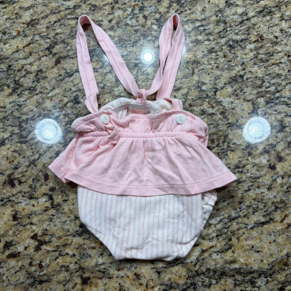 Vintage Baby Girl Pink Striped Ruffle Sunsuit Romper 18 Months